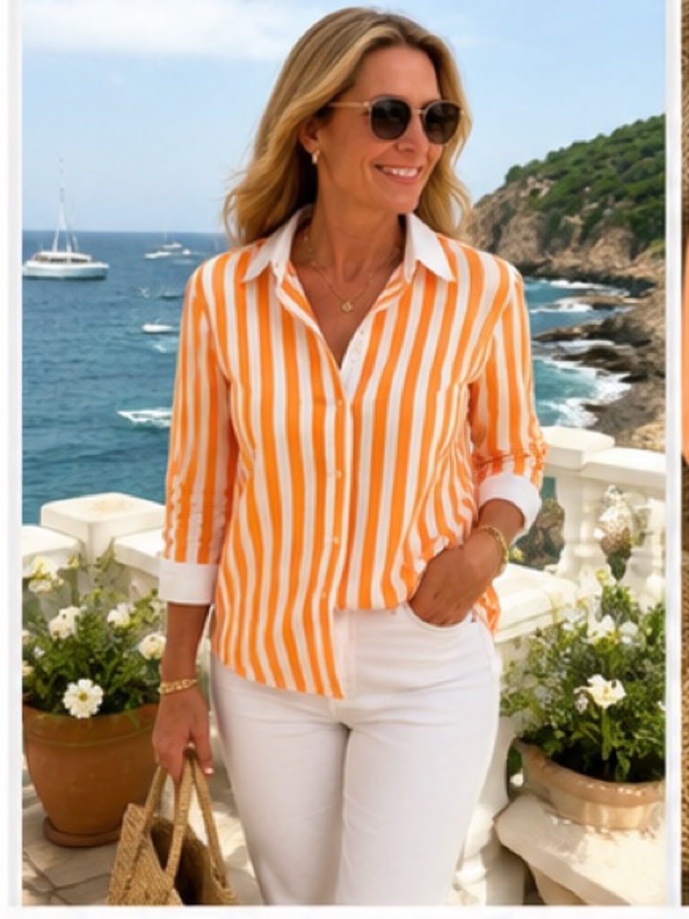 Talbots Petite Orange White Striped Button Front Shirt MP NWT Coastal Preppy
